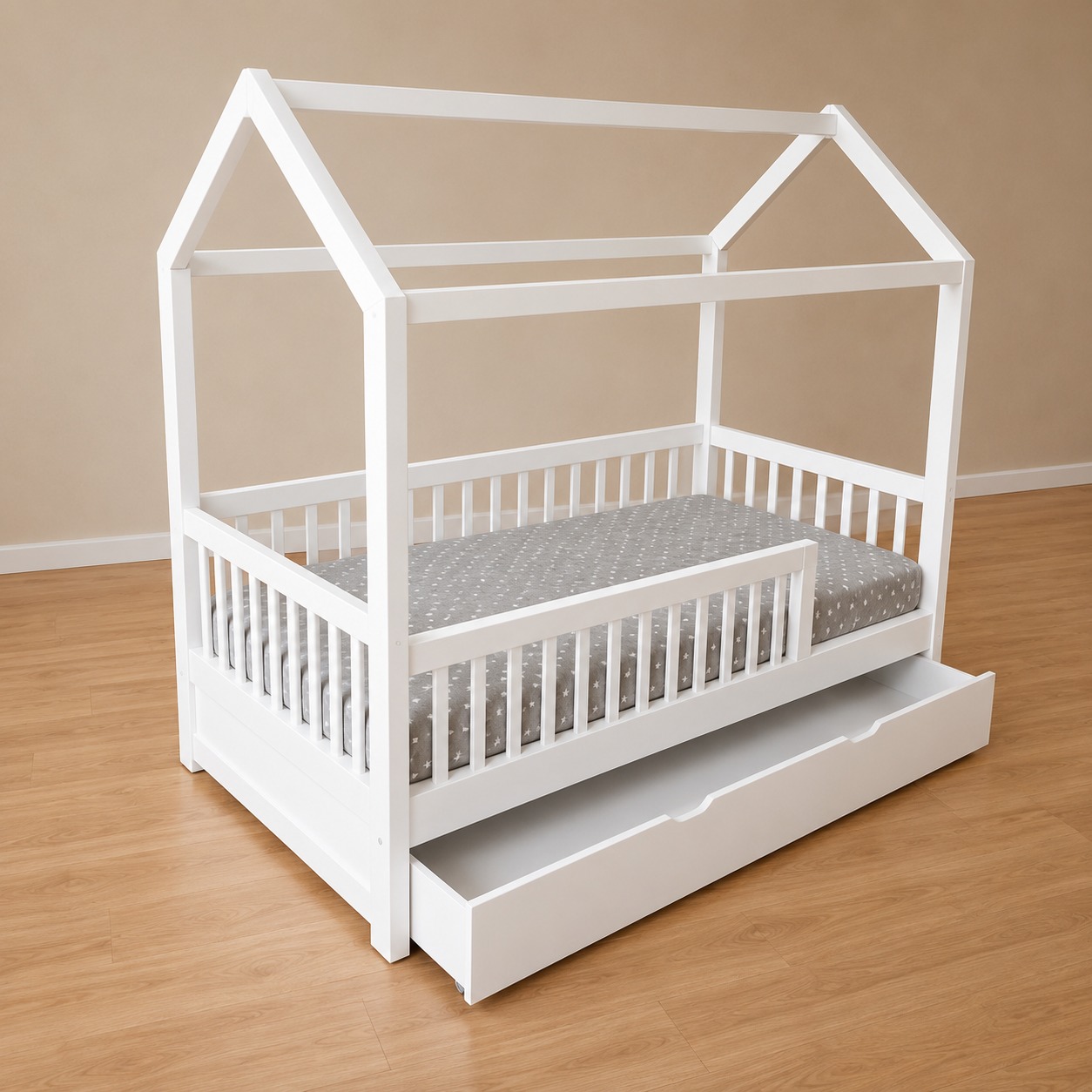 House-Style Solid Wood Bed with Safety Guard Rails